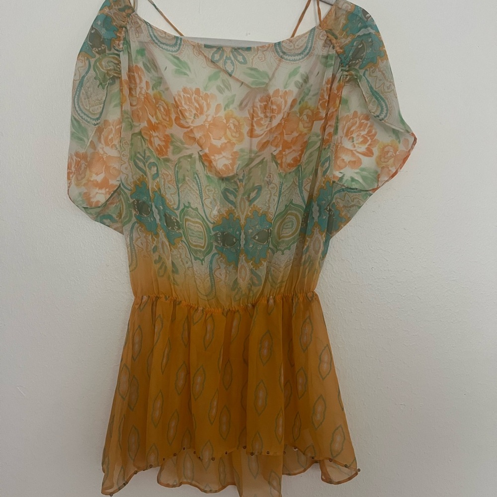 Free People Floral Sheer Blouse - Orange and Green